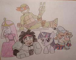 Size: 1280x1013 | Tagged: safe, artist:jebens1, twilight sparkle, g4, adventure time, big hero 6, crossover, male, michelangelo, parody, princess bubblegum, reference, sneezy, teen titans, teenage mutant ninja turtles, the 7d, traditional art, voice actor joke, voice actors, wasabi (big hero 6)