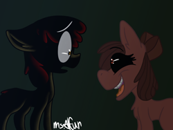 Size: 1280x960 | Tagged: safe, artist:missalfun, apple bloom, earth pony, pony, luna game, g4, black sclera, creepybloom, duo, female, filly, flutter island, looking at each other, looking at someone, open mouth, open smile, self paradox, self ponidox, simple background, smiling