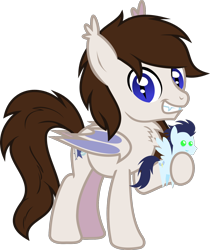 Size: 1288x1536 | Tagged: safe, artist:lightningbolt, derpibooru exclusive, soarin', oc, oc only, oc:aero soarer, bat pony, pony, 2022 community collab, derpibooru community collaboration, g4, bat wings, chest fluff, ear fluff, fangs, folded wings, grin, hoof hold, looking at you, male, plushie, raised hoof, show accurate, simple background, slit pupils, smiling, solo, stallion, standing, transparent background, vector, wings
