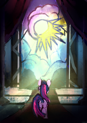 Size: 1240x1754 | Tagged: safe, artist:megalura, twilight sparkle, pony, unicorn, g4, butt, facing away, female, mare, plot, solo, stained glass, unicorn twilight