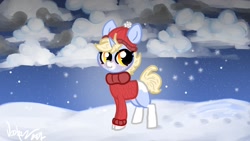 Size: 1920x1080 | Tagged: safe, artist:nootaz, oc, oc only, oc:nootaz, pony, unicorn, clothes, coat markings, female, hat, mare, snow, snowfall, solo, sweater, winter