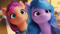 Size: 1400x800 | Tagged: safe, edit, edited screencap, screencap, izzy moonbow, sunny starscout, earth pony, pony, unicorn, g5, my little pony: a new generation, spoiler:my little pony: a new generation, animated, duo, female, gif, loop, mare, nodding, reaction image, serious, serious face, yes