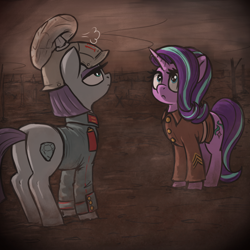 Size: 3000x3000 | Tagged: safe, artist:t72b, maud pie, starlight glimmer, earth pony, pony, unicorn, g4, ball, boulder buns, british, butt, christmas, christmas truce, clothes, duo, duo female, female, football, frown, german, helmet, high res, historical roleplay starlight, holiday, mare, pickelhaube, plot, sports, uniform, wasteland, world war i