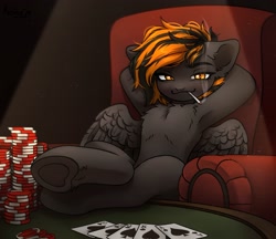 Size: 3040x2625 | Tagged: safe, artist:konejo, oc, oc only, oc:mayday, pegasus, pony, armpits, card game, chest fluff, cigarette, high res, hooves on the table, playing card, poker, poker card, royal flush, smoking, solo
