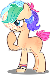 Size: 1394x2018 | Tagged: safe, artist:enifersuch, oc, oc only, earth pony, pony, base used, bracelet, earth pony oc, eyelashes, jewelry, multicolored hair, rainbow hair, raised hoof, simple background, solo, transparent background