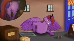 Size: 3840x2160 | Tagged: safe, artist:firestarter, oc, oc only, alicorn, pony, alicorn oc, bakery, basement, butt, buttstuck, colored hooves, colored wings, crate, fat, floppy ears, gritted teeth, high res, horn, male, one eye closed, plot, solo, stuck, through wall, too fat to fit, too fat to get through, wings