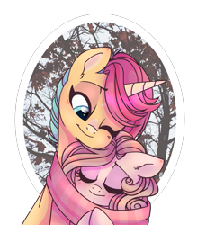 Size: 1659x1890 | Tagged: safe, artist:enifersuch, oc, earth pony, pony, unicorn, clothes, earth pony oc, eyelashes, female, horn, lesbian, mare, oc x oc, one eye closed, scarf, shared clothing, shared scarf, shipping, smiling, unicorn oc, wink