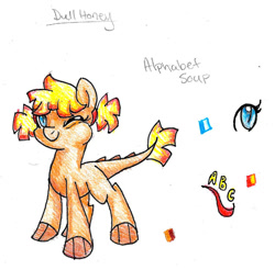Size: 1002x984 | Tagged: safe, artist:ask-y, oc, oc only, dracony, dragon, hybrid, female, interspecies offspring, offspring, one eye closed, parent:oc:dull luche, parent:oc:honeycrisp, parents:oc x oc, reference sheet, traditional art, wink
