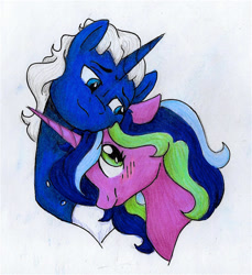 Size: 1070x1169 | Tagged: safe, artist:ask-y, oc, oc only, pony, unicorn, duo, female, horn, male, mare, nuzzling, oc x oc, shipping, smiling, stallion, traditional art, unicorn oc