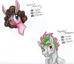 Size: 1851x1613 | Tagged: safe, artist:ask-y, oc, oc only, pony, bust, duo, female, freckles, grin, male, mare, smiling, stallion, traditional art