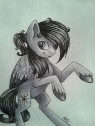Size: 453x604 | Tagged: safe, artist:avonir, oc, oc only, pegasus, pony, colored wings, grayscale, monochrome, pegasus oc, rearing, signature, smiling, solo, traditional art, two toned wings, unshorn fetlocks, wings