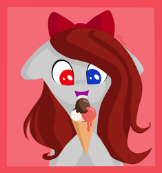 Size: 3200x3400 | Tagged: safe, artist:avonir, oc, oc only, earth pony, pony, abstract background, bow, bust, female, food, hair bow, heterochromia, high res, ice cream, ice cream cone, mare, signature, smiling, solo