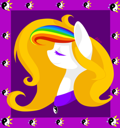 Size: 3200x3400 | Tagged: safe, artist:avonir, oc, oc only, earth pony, pony, abstract background, bust, earth pony oc, eyelashes, female, high res, mare, multicolored hair, rainbow hair, signature, smiling, solo, yin-yang
