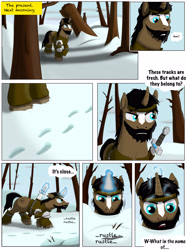 Size: 3587x4800 | Tagged: safe, artist:cactuscowboydan, oc, pony, unicorn, comic:outcasted, comic, fanfic, footprints, forest, magic, male, snow, stallion, sword, weapon
