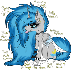 Size: 3053x2931 | Tagged: safe, artist:beamybutt, oc, oc only, oc:moonbeam, alicorn, pony, :p, alicorn oc, anatomy chart, chains, chart, clothes, ear piercing, eyelashes, female, high res, horn, leg warmers, mare, piercing, simple background, tongue out, transparent background, wings