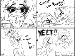 Size: 3005x2275 | Tagged: safe, artist:beamybutt, oc, oc only, oc:moonbeam, alicorn, pony, alicorn oc, comic, dialogue, eyelashes, female, high res, holding a pony, horn, lineart, male, mare, monochrome, stallion, wide eyes, wings, yeet