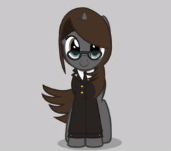 Size: 1226x1080 | Tagged: safe, artist:mrvector, oc, oc only, oc:sonata, pony, unicorn, elements of justice, turnabout storm, ace attorney, animated, clothes, cute, female, glasses, heart, mare, no sound, one eye closed, simple background, smiling, solo, suit, webm, wink