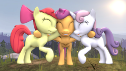 Size: 1920x1080 | Tagged: safe, artist:drdicksamazingstick, apple bloom, scootaloo, sweetie belle, earth pony, pegasus, pony, unicorn, g4, 3d, cutie mark crusaders, eyes closed, female, filly, grin, hug, open mouth, open smile, smiling