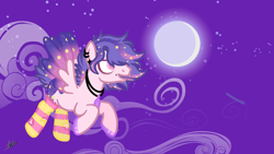 Size: 1280x720 | Tagged: safe, artist:edgeoffear, artist:princessmoonsilver, oc, oc only, oc:twilight star, pegasus, pony, base used, clothes, collar, flying, male, moon, night, socks, solo, spread wings, striped socks, wings