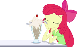 Size: 11358x6915 | Tagged: safe, artist:marcorulezzz, apple bloom, equestria girls, g4, absurd resolution, cherry, drinking, drinking straw, eyes closed, female, food, glass cup, hands on cheeks, milkshake, simple background, solo, transparent background, vector