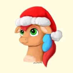 Size: 900x900 | Tagged: safe, artist:redquoz, oc, oc only, oc:allegra mazarine, pegasus, pony, brown coat, bust, christmas, eyebrows, floppy ears, green eyes, hat, holiday, looking up, pegasus oc, portrait, red mane, santa hat, signature, solo, two toned mane