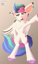 Size: 2700x4500 | Tagged: safe, artist:pedalspony, oc, oc only, oc:pedals, pegasus, pony, belly, belly button, bipedal, ear piercing, female, leaning, open mouth, piercing, slender, solo, teeth, thin, trans female, transgender, unshorn fetlocks, wings