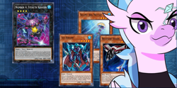 Size: 1782x886 | Tagged: safe, artist:chedx, silverstream, hippogriff, comic:the storm kingdom, g4, alternate universe, card, clothes, crystal of light, evil smirk, female, game, the storm six, uniform, yu-gi-oh!