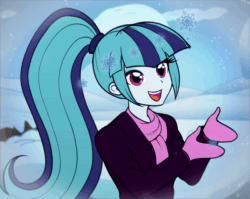 Size: 600x477 | Tagged: safe, artist:nairdags, artist:rileyav, sonata dusk, equestria girls, g4, animated, blinking, clothes, cute, female, gif, happy, mittens, open mouth, open smile, ponytail, scarf, smiling, snow, snowfall, snowflake, solo, sonatabetes, sweater