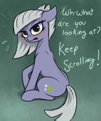 Size: 2500x3000 | Tagged: safe, artist:t72b, limestone pie, earth pony, pony, g4, blushing, cute, dialogue, embarrassed, female, floppy ears, grumpy, high res, limabetes, limetsun pie, looking at you, mare, sitting, solo, talking to viewer, tsundere
