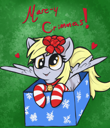 Size: 2080x2410 | Tagged: safe, artist:t72b, derpy hooves, pegasus, pony, g4, :p, bell, bell collar, bow, box, christmas, clothes, collar, cute, derpabetes, hair bow, high res, holiday, misspelling, pony in a box, pun, socks, solo, striped socks, tongue out, weapons-grade cute