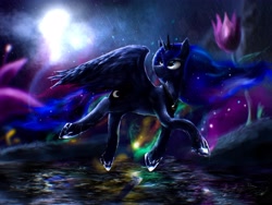 Size: 4000x3000 | Tagged: safe, artist:andley, princess luna, alicorn, pony, g4, digital art, digital painting, dream, female, flower, high res, lens flare, mare, moon, night, rain, solo