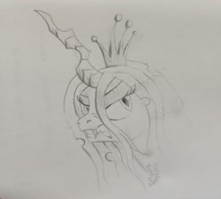 Size: 3472x3120 | Tagged: safe, artist:wolfinka84, queen chrysalis, changeling, changeling queen, g4, angry, bust, crown, female, gritted teeth, high res, jewelry, monochrome, portrait, regalia, scowl, simple background, solo, traditional art