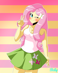 Size: 4000x5000 | Tagged: safe, artist:dollybrownpigtails, fluttershy, equestria girls, g4, abstract background, absurd resolution, beautiful eyes, beautiful hair, blushing, breasts, busty fluttershy, cleavage, clothes, cutie mark, cutie mark on clothes, eyebrows, eyebrows visible through hair, eyeshadow, female, looking at you, makeup, one eye closed, peace sign, signature, skirt, smiling, smiling at you, solo, wink, winking at you