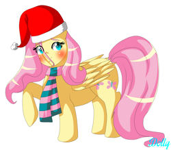 Size: 5700x5000 | Tagged: safe, artist:dollybrownpigtails, fluttershy, pegasus, pony, g4, absurd resolution, blushing, christmas, clothes, cute, eye clipping through hair, eyebrows, eyebrows visible through hair, female, hat, holiday, mare, raised hoof, santa hat, scarf, shyabetes, signature, simple background, smiling, solo, striped scarf, white background