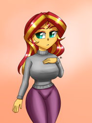 Size: 1200x1600 | Tagged: safe, artist:zachc, sunset shimmer, equestria girls, g4, big breasts, breasts, busty sunset shimmer, chibi, clothes, curvy, female, hourglass figure, looking at you, solo