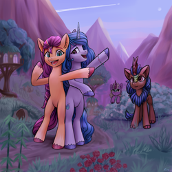 Size: 5500x5500 | Tagged: safe, artist:roadsleadme, izzy moonbow, sunny starscout, earth pony, kirin, pony, unicorn, g5, my little pony: a new generation, :o, absurd resolution, bipedal, cute, female, izzybetes, kirin grove, mare, mountain, mountain range, open mouth, open smile, plane, smiling, sunnybetes, village