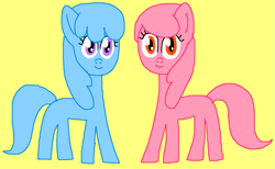 Size: 1295x798 | Tagged: safe, artist:bettypony56, oc, oc:mary janes, oc:willie janes, earth pony, pony, adult blank flank, blank flank, cute, duo, female, friends, lesbian, mare, married, marybetes, monochrome, simple background, smiling, williebetes, yellow background