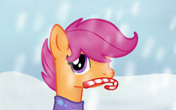 Size: 1920x1200 | Tagged: safe, artist:nitlynjane, scootaloo, pegasus, pony, g4, candy, candy cane, christmas, clothes, cute, cutealoo, food, holiday, scarf, sky, snow, snowfall, snowflake