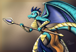 Size: 2660x1813 | Tagged: safe, artist:bomzzzik, princess ember, dragon, anthro, g4, armor, ass, butt, dragon armor, dragoness, female, loincloth, princess embutt, signature, simple background, solo, staff