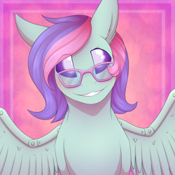 Size: 3800x3800 | Tagged: safe, artist:corwolf, oc, oc only, oc:blissy, pony, artificial wings, augmented, disguise, disguised changeling, glasses, high res, icon, mechanical wing, simple background, solo, wings