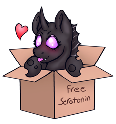 Size: 1722x1842 | Tagged: safe, artist:hopeless-silver, oc, oc only, oc:blissy, changeling, box, cardboard box, changeling in a box, cute, cuteling, heart, purple changeling, simple background, solo, tongue out, transparent background