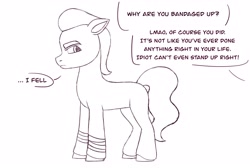Size: 3048x2048 | Tagged: safe, artist:dancingkinfiend, sprout cloverleaf, earth pony, pony, g5, my little pony: a new generation, angry, bandage, bandages on wrist, bully, bullying, conversation, cutting, depression, doodle, eyebrows down, high res, hurting, implied self harm, insult, insulted, lineart, lines, male, rude, sad, self harm, sketch, solo, stallion, tail, talking, text, wavy hair, wavy mane, wavy tail