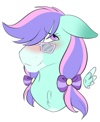 Size: 613x746 | Tagged: safe, artist:corwolf, oc, oc only, oc:blissy, pony, blushing, bust, chest fluff, cute, glasses, pigtails, simple background, solo, transparent background