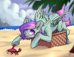 Size: 2500x1932 | Tagged: safe, artist:chibadeer, oc, oc only, oc:blissy, changeling, crab, pegasus, pony, artificial wings, augmented, basket, beach, blushing, changeling oc, commission, cute, disguise, disguised changeling, frog (hoof), heart-shaped hooves, mechanical wing, ocean, outdoors, pegasus oc, sand, solo, underhoof, wings, ych result