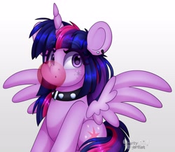 Size: 4000x3461 | Tagged: safe, artist:partypievt, twilight sparkle, alicorn, pony, g4, alternate hairstyle, bubblegum, choker, ear piercing, earring, eye clipping through hair, eyebrows, facial markings, female, food, gum, high res, jewelry, looking away, mare, piercing, punk, simple background, sitting, solo, studded choker, twilight sparkle (alicorn), watermark