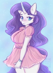 Size: 1296x1800 | Tagged: safe, artist:cheezayballz, rarity, unicorn, anthro, g4, blue background, blushing, blushing profusely, bracelet, breasts, busty rarity, cheek fluff, cute, female, horn, horn ring, jewelry, legs together, looking at you, raribetes, ring, simple background, sketch, smiling, solo