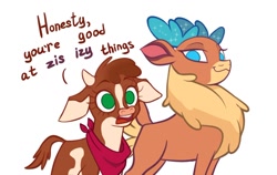 Size: 1500x945 | Tagged: safe, artist:switchsugar, part of a set, arizona (tfh), velvet (tfh), cow, deer, reindeer, them's fightin' herds, astonished, community related, dialogue, female, neckerchief, simple background, smug