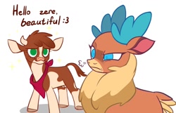 Size: 1344x865 | Tagged: safe, artist:switchsugar, part of a set, arizona (tfh), velvet (tfh), cow, deer, reindeer, them's fightin' herds, arizonadorable, cloven hooves, community related, cringing, cute, dialogue, female, neckerchief, simple background, smiling, unamused, velvet is not amused