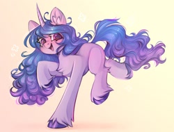 Size: 1912x1456 | Tagged: safe, artist:arisuyukita, izzy moonbow, pony, unicorn, g5, my little pony: a new generation, beautiful, blushing, chest fluff, cute, female, horn, izzybetes, looking at you, mare, open mouth, open smile, simple background, smiling, smiling at you, solo, unshorn fetlocks