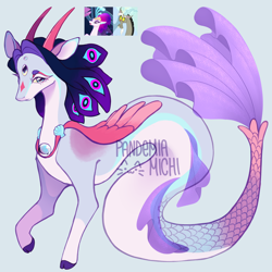 Size: 3200x3200 | Tagged: safe, artist:pandemiamichi, oc, oc only, seapony (g4), blue eyes, blue mane, dorsal fin, fins, fish tail, flowing tail, gray background, high res, jewelry, lidded eyes, looking at you, necklace, seashell, signature, simple background, solo, tail, wings